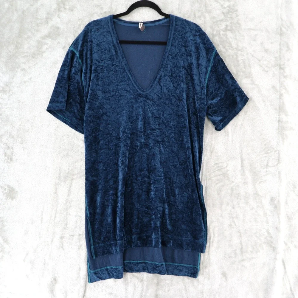 We The Free Luxe Crushed Velvet Tunic Top Women S Blue V-Neck Boho High-Low Swim